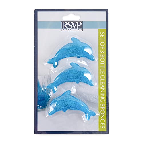 Image of RSVP International Reusable Bottle /Jar Cleaning Collection Sponge Covered Silicone Ball, Dolphin, Set of 3, Blue