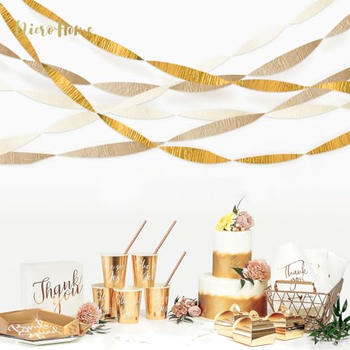 Image of NICROHOME EUR Wedding Decorations, 6 Rolls Ivory White Gold Light Brown Crepe Paper Streamers for Bridal Shower, Birthday Party, Golden Engagement Party, New Year Decorations 82 Ft Long