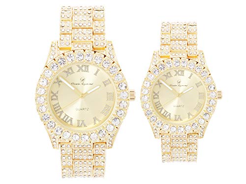 King and Queen Bling'ed Out His and Hers Hip Hop Matching Watch Set - Perfect for Today's Power Couple on Point - ST10327ML His and Hers (Gold Gold)