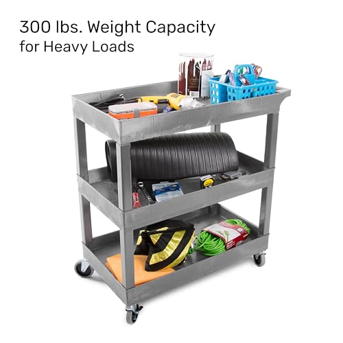 Image of Tubstr 3-Tier Rolling Utility Cart with Wheels | Supports 300 lbs. Total | Heavy-Duty Capacity for Garage Storage, Office Spaces, & Kitchen Use | Durable Tool Cart with Locking Wheels (Gray, 32 x 18)