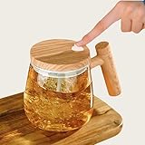 Self Stirring Coffee Mug, 400ml 6000 RPM Electric Mixer Cup, Heat-Protection Glass Coffee Blender with Lid, 48 dB , for Home/Office, Creative Gift (Champagne gold glass+ light wood grain handle)