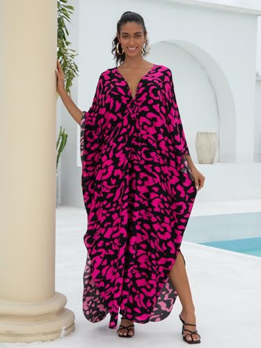 Image of IMAGEKOPE Women's Plus Size Animal Print V-Neck Batwing Kaftan Beach Dress Bathing Suit Cover-Up Loungewear