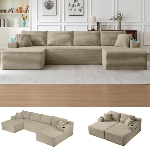 Image of Oversized Cloud Boneless Couch with Chaise, Modern Modular Sofa with Deep Seat, Corduroy Upholstered U Shaped Couch for Living Room, No Assembly Required (Camel)