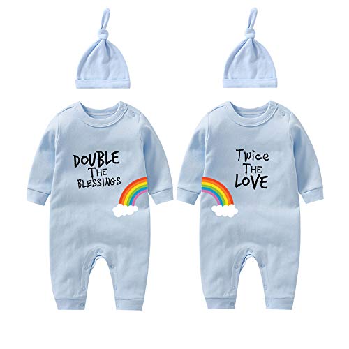 Image of YSCULBUTOL Baby Twins Bodysuits Double The Blessings Twice The Love Rainbow Girl Romper Boy Infant Jumpsuits Hat Set (blue double twice 6m)