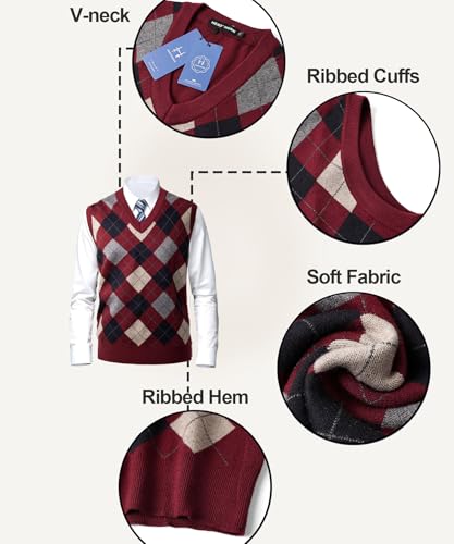 Herothorn Herren Diamant West Dick Strickweste Business Ärmellose Pullunder Wollweste Argyle Lässig V-Ausschnitt Pulloverwestee Gestrickt Pullover für Männer