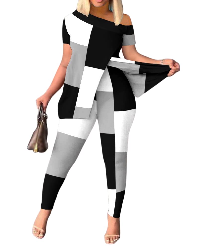 Mandonce2 Piece Outfits for Women Irregular Split Short Sleeve Crop Tops Printed Long Pants Summer Matching Sets
