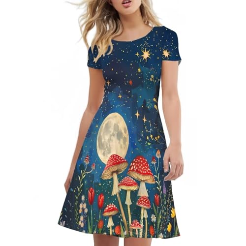 Image of HUGS IDEA Womens Puffy Swing Midi Dress Round Neck Short Sleeve Party A-Line Dresses