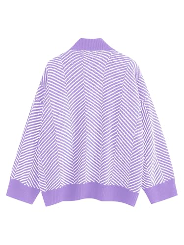 Image of ZAFUL Women's Striped Cardigan Button Up Open Front Knit Oversized Sweater | Button down, Soft chunky knit, Lightweight, Loose fit, Long lantern sleeve, Casual Daily Going Out, Fall Winter Outfits