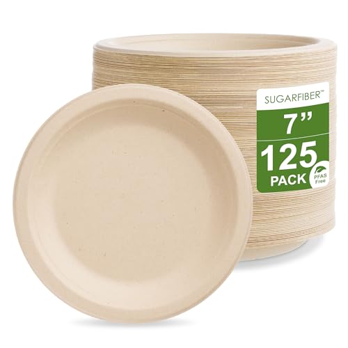 [125 COUNT]Harvest Pack PFAS Free 7-inch Small Compostable Paper Plates, Round Disposable Biodegradable Heavy-Duty Natural Bagasse Dessert Plate, Made From Eco-Friendly Sugarcane Plant Fibers