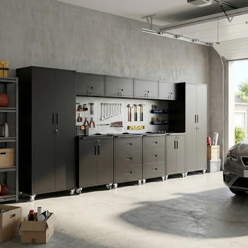 Image of 10-Piece Heavy Duty Steel Garage Cabinet System | All-in-One Modular Garage Cabinet Set for Ultimate Workshop Organization | Easy Assembly Garage Storage Cabinets & Tool Bench (Black)