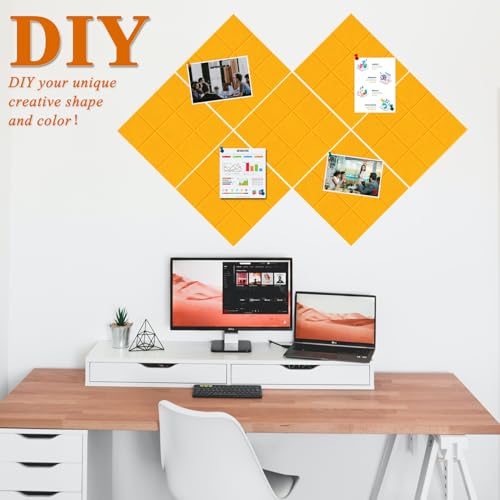 HULAVO Large Square Felt Cork Board Tiles, Self Adhesive DIY Felt Bulletin Board with 35 Pushpins for Office School Home Wall Decor Stickers Memos (Orange) — view 3