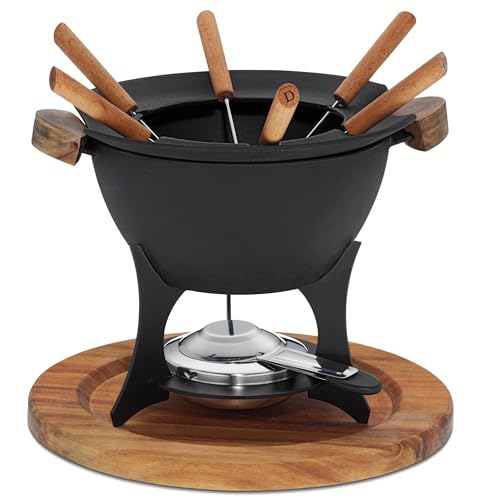 kela Fondue-Set Country, 11-teilig, Durchmesser 27 cm, 1 L, emailliertes Gusseisen, schwarz, Topf, Brennpastenbrenner, Rechaud, Spritzschutz, Untersetzer aus Akazienholz, 6X Fonduegabeln, 16644