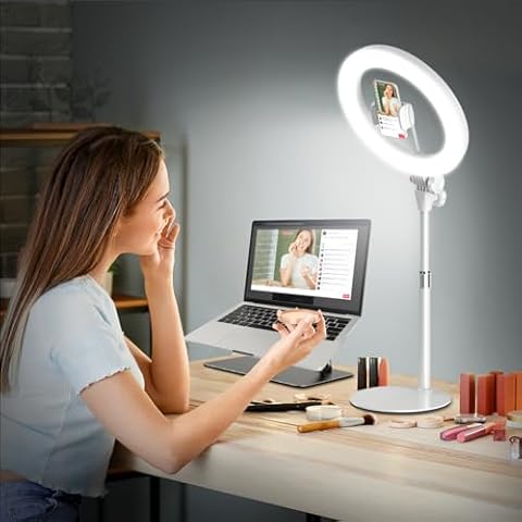 Ring Light with Stand for Streaming - Evershop 10'' Led Desk Lighting with Phone Holder for Laptop,Webcam,Computer Monitor,Circle Lights for Video Recording, Zoom Calls, Online Meetings,Selfie, Makeup Cover