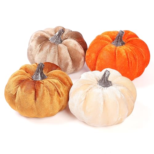 DuHouse 4PCS Artificial Velvet Pumpkins Small Faux Pumpkins for Fall Decor Thanksgiving Halloween Harvest Home Party Table Centerpiece