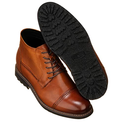 Image of CALTO Men's Invisible Height Increasing Elevator Shoes - Brown Leather Lace-up Cap-toe Boots with Inner Faux Fur - 3.2 Inches Taller - Y41085 - Size 7 D(M) US