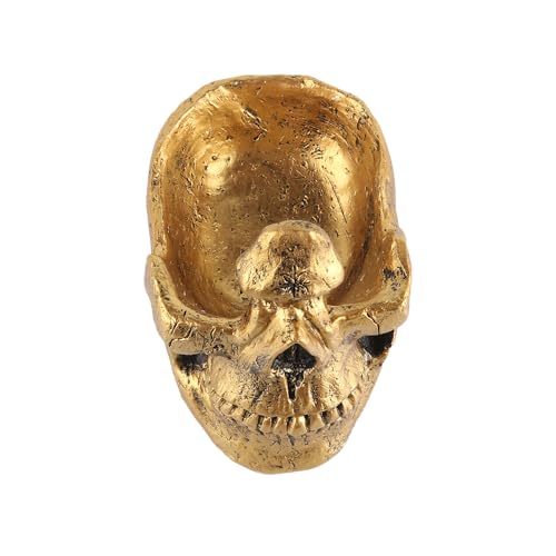 Sarini Brillenständer mit Totenkopf-Motiv, einzigartiger Brillenhalter aus Kunstharz mit Totenkopfkopf und Ablagefach für Nachttisch, Homeoffice, Schreibtisch, Dekoration, Geschenk (goldfarben)
