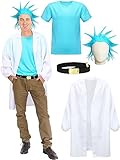 Xtinmee 4 Pcs Halloween Scientist Costume for Men Including Blue Short Wig Lab Coat and Blue T Shirt Belt Cosplay Outfits(X-Large)