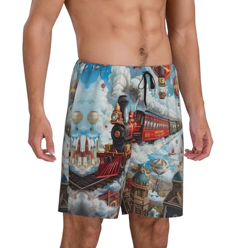 Mens Pajama Pants - Red Train Hot Air Balloon Sleep Comfy Shorts Mens Pajama Shorts, Pj Pants for Mens Lounge Shorts