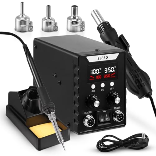 Image of Serplex 2 in 1 Hot Wind Gun Solder Iron SMD Rework Soldering Station Kit 700W /220V Tabletop Hot Wind Gun Tin Solder Iron Working Station Adjustable SMD Soldering Station with Dual LCD Digital Display