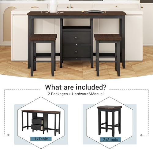 Bar-Table-and-2-Stools-Set-Farmhouse-Counter-Height-Dining-Table-Set-with-2-Storage-Drawers-and-2-Stools-Small-Kitchen-Table-Set-for-Kitchen-Dining-Room-Small-Space-BlackCherry Bar Table and 2 Stools Set Farmhouse Counter Height Dining Table Set with 2 Storage Drawers and 2 Stools Small Kitchen Table Set for Kitchen Dining Room Small Space BlackCherry
