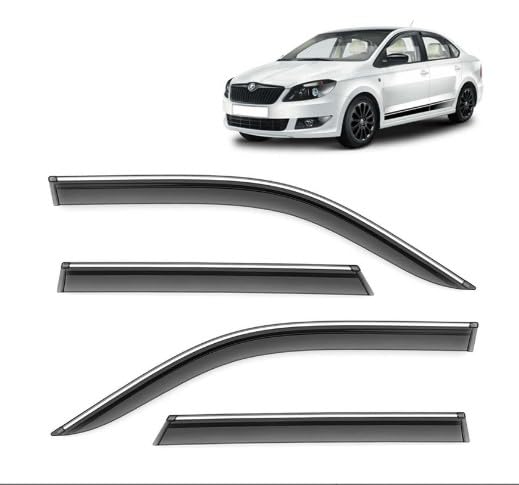 Car Compatible Wind Deflectors Rain Guard Door Visor for Skoda Rapid (2017-2021 Model) - Chrome Lined, Polycarbonate, Smoke, Set of 4 Pcs-image-42
