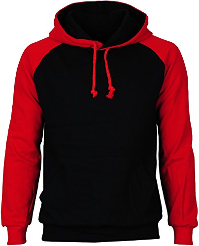 Angel Cola Men's Cotton Raglan Hoodie String Pullover Sweatshirt Black/Red L