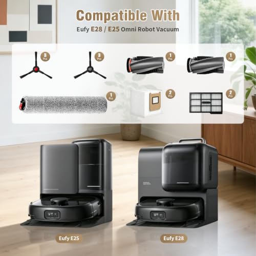 Image of 14 Pack Replacement Parts Compatible with eufy Omni E25 / E28 Robot Vacuum: 1 Pair of Main Brushes, 1 Roller Mop, 2 Filters, 2 Dust Bags, 6 Side Brushes, 1 Cleaning Brush