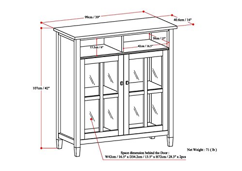Simplihome Warm Shaker Solid Wood 39 Inch Wide Transitional Medium Storage Media Cabinet In Tobacco Brown, With 2 Doors With Tempered Glass, 2 Adjustable Shelves, 2 Open Top Cubbies #TOP5