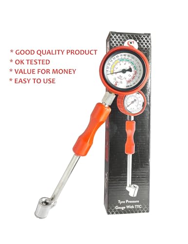 Image of Analog Tyre Pressure Gauge with Rod Nozzle & Large Dial | Heavy Duty Metal Tyre Air Pressure Meter PSI & kg /cm | Portable Tyre Pressure Tester for Car Bike Truck Motorcycle