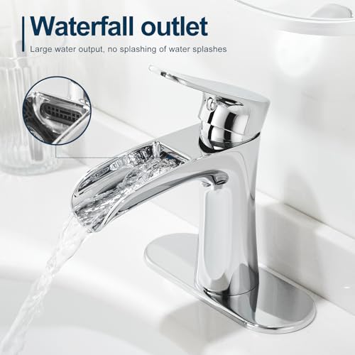 VOTON Chrome Bathroom Faucets Single Handle Waterfall Sink Faucet One Hole or Three Holes with Deck Mount Vanity Farmhouse RV Vessel Basin Faucet thumbnail 3