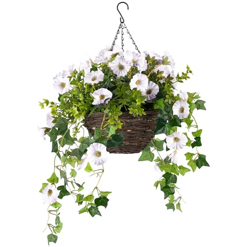 CHRISTOW Artificial Petunia Hanging Basket – Ready to Hang Wicker Garden Planter with White Flowers, Gypsophila & Ivy, UV-Resistant PE Leaves, Pre-Fitted Triple Steel Chain, 25cm Basket Diameter