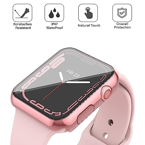 Image of Misxi [2 Pack Waterproof Case with Button for Apple Watch Series 9 (2023) Series 8 Series 7 41mm, Hard PC Cover with Tempered Glass Screen Protector for iWatch, 1 Rose Pink + 1 Transparent