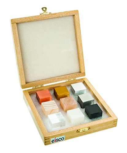 Image of EISCO 9pc Specimen Density Cube Set - 1 inch EA: Brass, Iron, Copper, Aluminum, Hardwood, Softwood, Nylon, PVC, Acrylic - Includes Wooden Storage Box