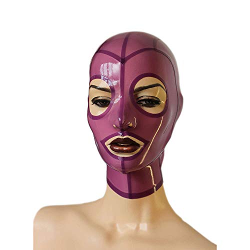 Masque latex violet yeux ouverts narines cagoule fétiche unisexe taille L