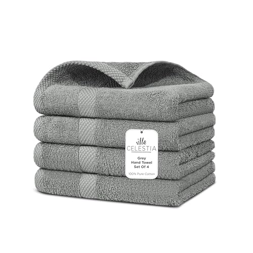 Image of Villa Celestia Cotton Hand Towels Set of 4, 16 x 28, Oeko-TEX Certified, Quick Dry, Grey
