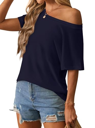 Image of Hilinker Womens Sexy Off The Shoulder Tops Short Batwing Sleeve T Shirt Oversized Casual Tee