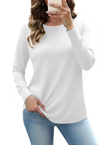 Totatuit Sweatshirts for Women Pullovers Stretch Shirts Crew Neck Long Sleeve Ladies Tops T Shirt Longline Top Loose Fit Fall Winter White S