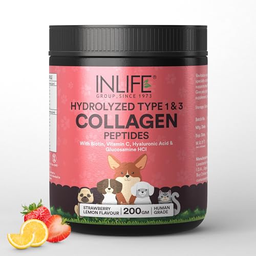 Image of INLIFE Collagen for Dogs & Cats | Hydrolysed Collagen Powder | Clinically Proven Ingredient with Biotin, Vitamin C, Hyaluronic Acid & Glucosamine | Pet Supplement (Strawberry)