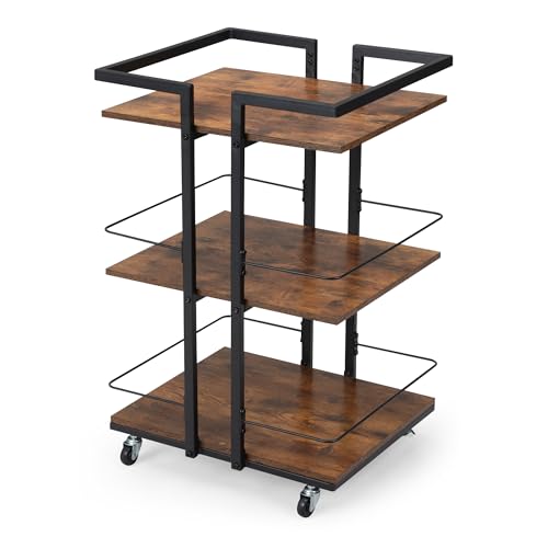 RESHABLE Industrial Style Cart with 4 Lockable Wheels, Bar or Serving Cart, Mobile Storage Organizer for for Beauty Spa, Massage, Manicure, Tattoo, Rustic Brown