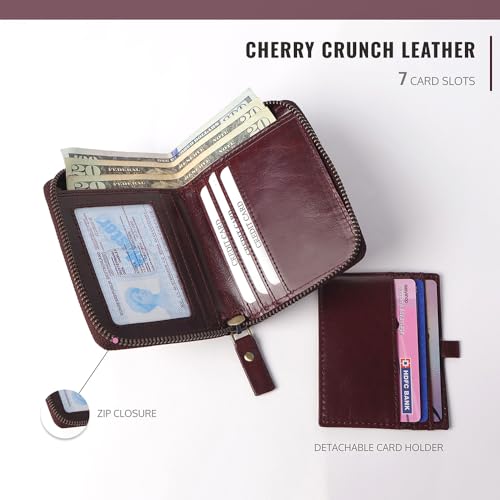 Cherry Top Grain Crunch Leather Zip Around Wallet for Men – RFID Blocking Bifold with Zipper Closure, Removable Card Holder, Multiple Slots & ID Window3