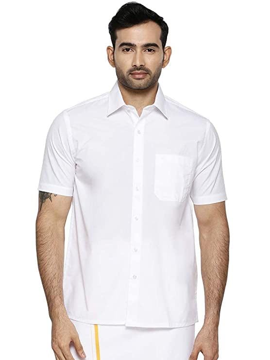 Image of Ramraj Cotton Men Solid Cotton White Half Sleeve Shirt Crafted For A Clean| Versatile| Comfortable look