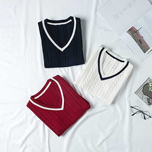 Image of jinghuiyue Women's Stripe Sweater Vest Classic V Neck Cable Knit Vest Sleeveless Pullover Ribbed Tank Tops