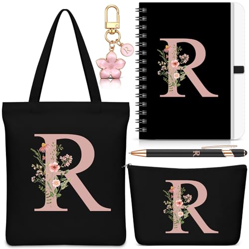 Talltalk 5 Pcs Personalized Women Gifts,Initial Tote Bag,Makeup Bag,Keyring,Notebook,Ballpoint,Alphabet Gifts for Women(Black,Letter R)