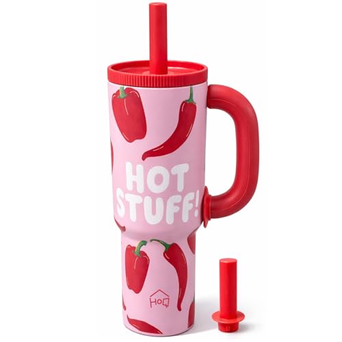 Image of House of Quirk 1200ml Stainless Steel Tumbler with Handle, Straw & Straw Cap | Leakproof Water Bottle | Large Capacity Travel Mug (Hot Stuff)