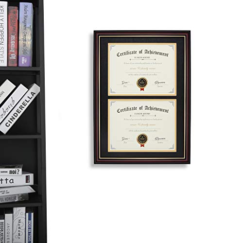 Image of ELSKER&HOME Picture Frame-Made for 2 x 8.5x11 Inch Documents or 14x20 Inch Photos with Black Mat & Golden Rim (Double Mat, Wall Mount, Wood & Plastic) | Black Mat with Golden Rim Made for Certificates&Document for 14x20 Inch Without Mat for Document Certificate