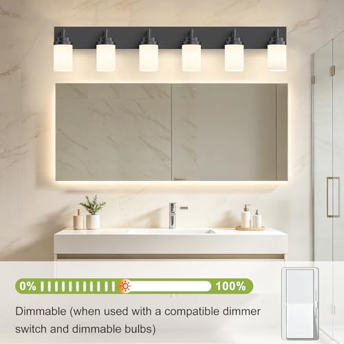 Image of Bathroom Light Fixtures, Matte Black Bathroom Lighting Fixtures Over Mirror, Modern Vanity Light with White Glass Shade, Restroom Lighting Fixtures, 6-Light 46-inch