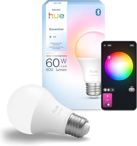 Philips Hue Essential Smart LED A19 Bulb, White and Color Ambianc...