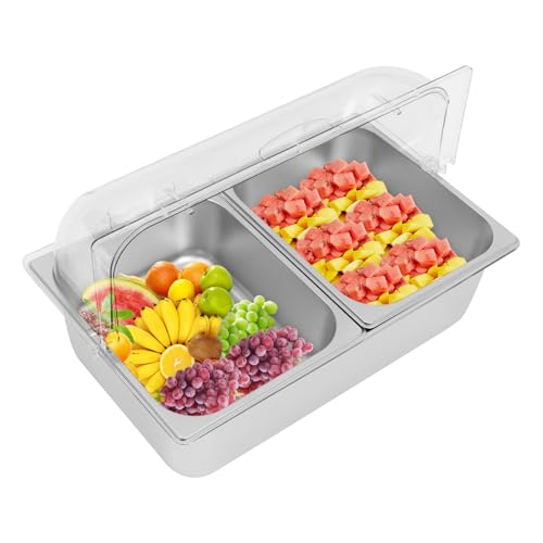 CNCEST Countertop Ice Food Serving Display Container Condiment Dispenser with Lid Stainless Steel Serving Tray with 9 Clips,9 Spoons and 3 Water Bags for Restaurant Kitchen (2 Grid) by CNCEST - Used condition - US$75.12