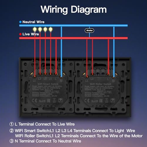 BSEED Smart Lichtschalter mit WLAN Rollladenschalter, Smart Jalousien Schalter mit PC Rahmen, Ben&ouml;tigt Nullleiter, WiFi Rolladen Zeitschaltuhr, kompatibel mit Alexa/Google Home, 4 Fach 1Weg, Schwarz