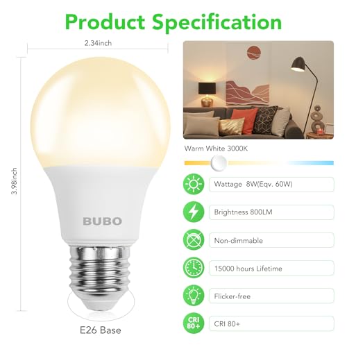 Image of BUBO A19 LED Light Bulbs, 60 Watt Equivalent LED Bulbs, Warm White 3000K, 800 Lumens, E26 Standard Base, Non-Dimmable, 8W Warm White LED Bulbs for Bedroom Living Room Home Office, 3 Pack